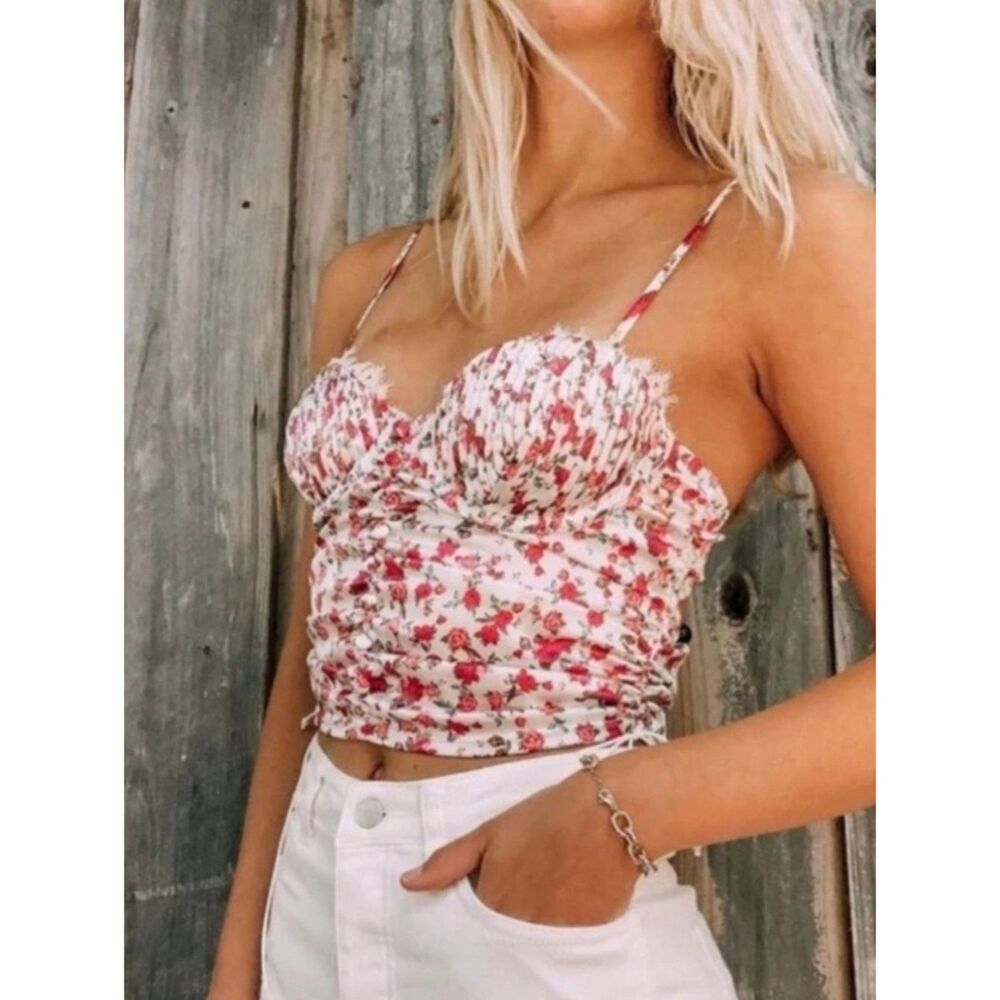 For Love And Lemons Pink Floral Ruched Cami Size M New Romantic Fairy Festival